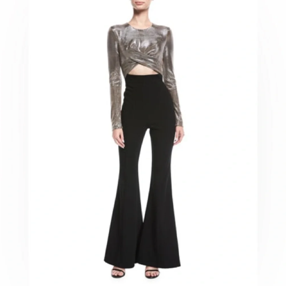 Black Halo Angie Flared Leg Jumpsuit Cutout Metallic Silver Bodice Romper 12 - Picture 3 of 17